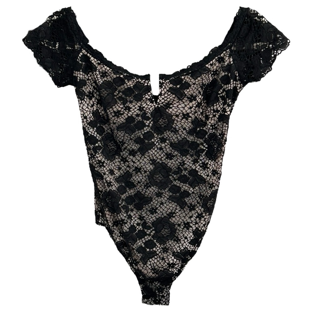 Victoria’s Secret Women’s Black Lace Off Shoulder‎ Bodysuit  Sz S - Picture 2 of 8